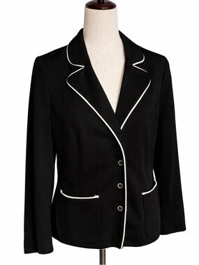 Vintage polyester cardigan jacket, black w white trim. M